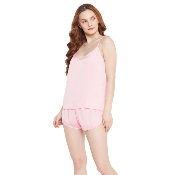 Solid Crystal Rose 2 Pcs Satin Shorts Sleepwear for Women - Picture 4 of 6